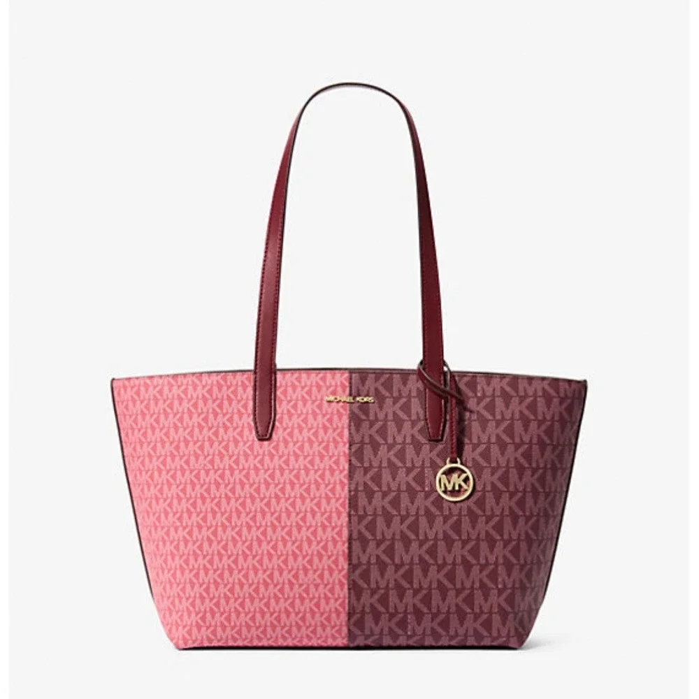 Michael Kors Jet Set Travel Medium Zip Top Tote Oxblood Multi MK Signature- NEW✅